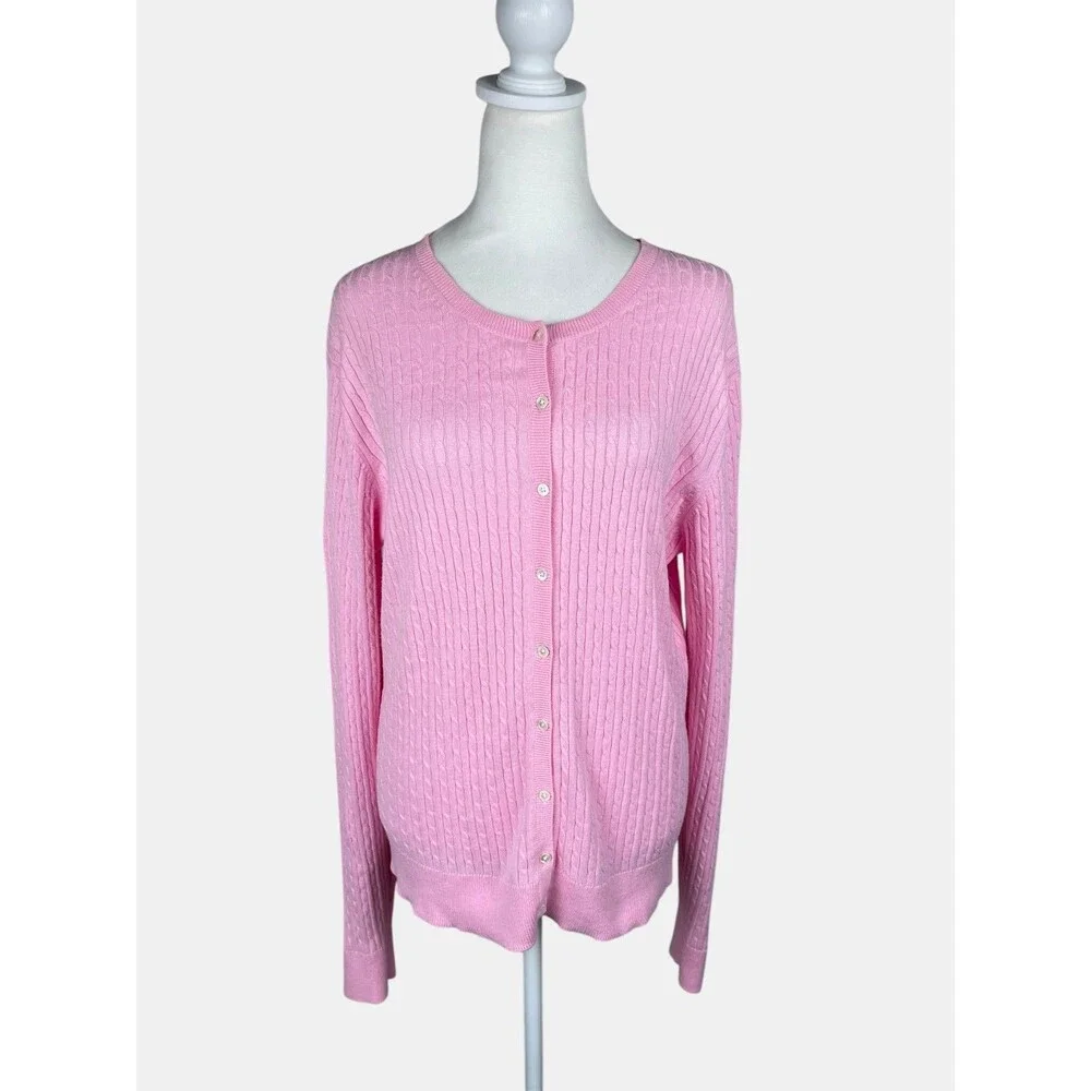 Vintage Lilly Pulitzer Pink Cable Knit Cardigan Cotton Y2K Preppy Classic Sz M